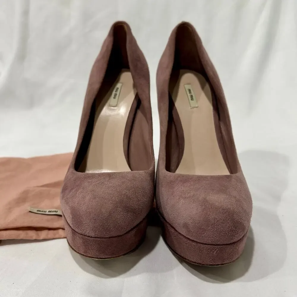 Miu Miu Dusty Rose Suede Whipstitch Platform Pumps Heels Size 38.5